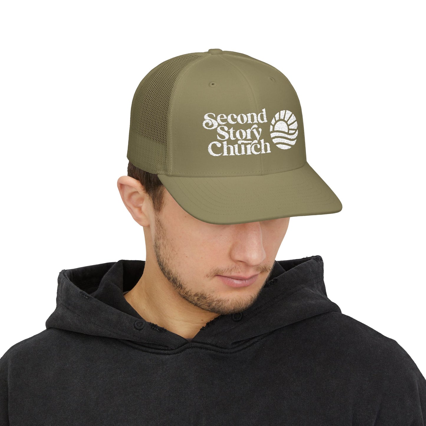 Second Story Church Embroidered Trucker Cap — Snapback Mesh Hat
